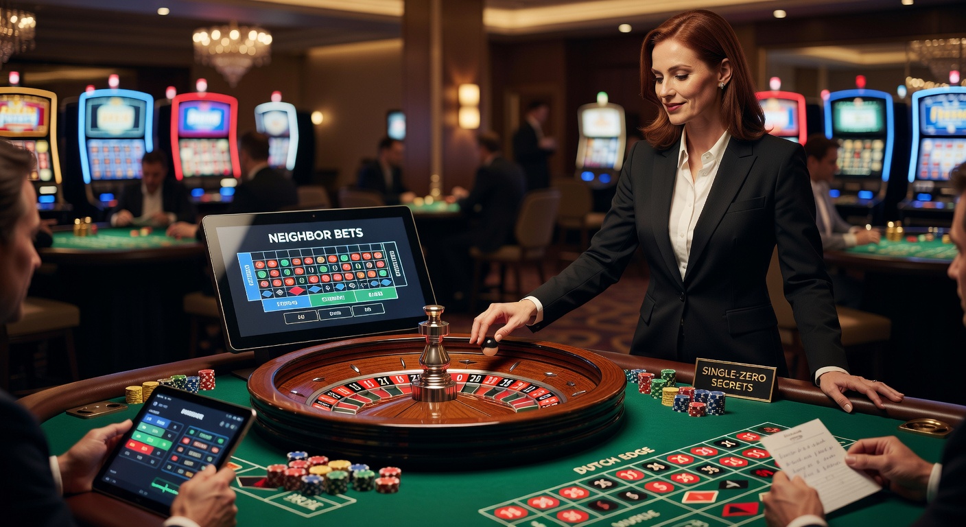 Close-up van een roulette wiel met buurweddenschappen gemarkeerd en live dealer chips in beweging