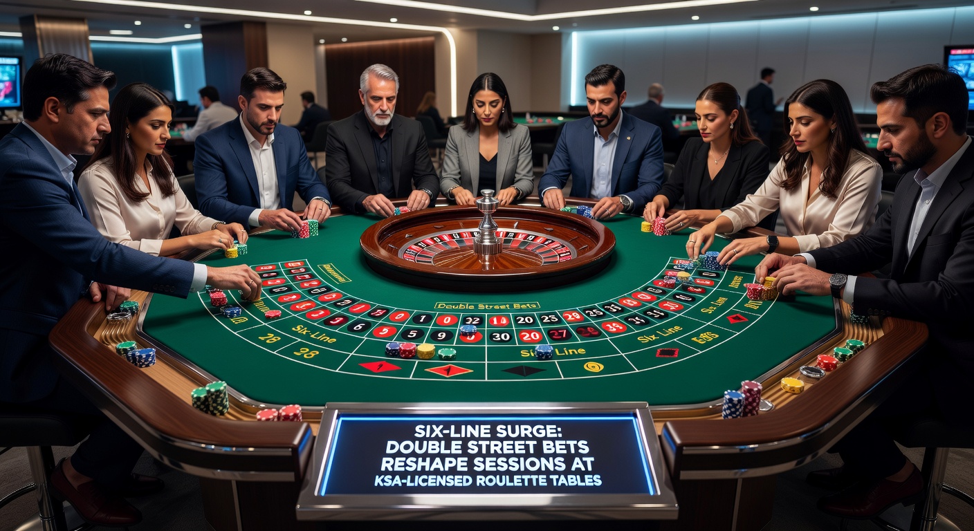 Speler plaatst zeslijn-fiches op een digitaal roulettebord bij een KSA-online casino, met live dealer op de achtergrond
