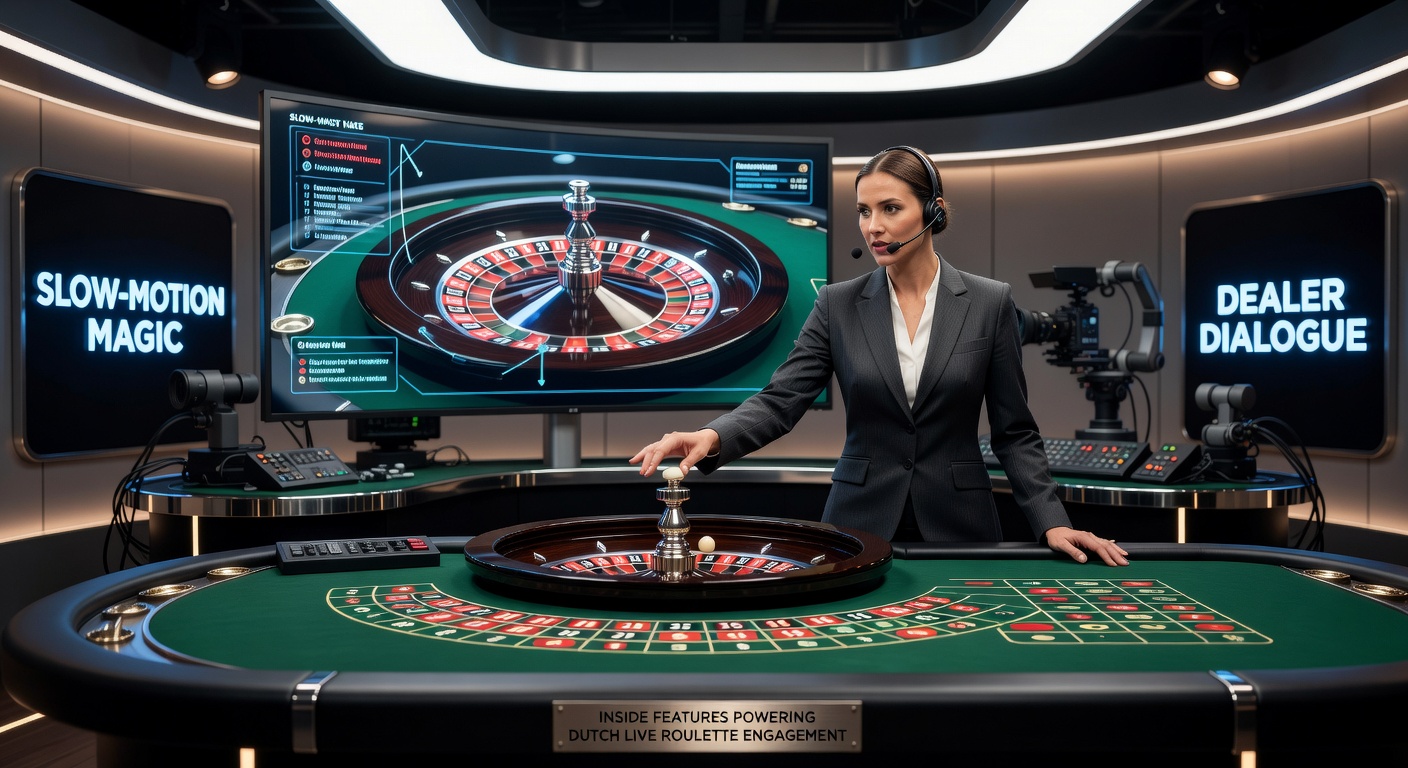 Dealer aan roulette tafel zwaait en chat met spelers, slow-motion bal op achtergrond zichtbaar