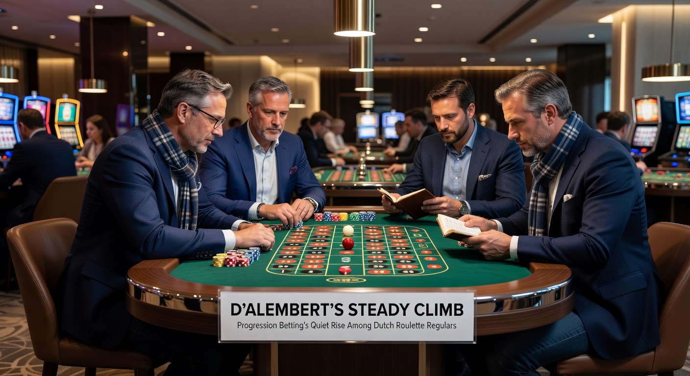 Voorbeeld van D'Alembert inzetvolgorde in een live roulette sessie, met tabel van verliezen, winsten en lopende bankroll in een Nederlands casino setting