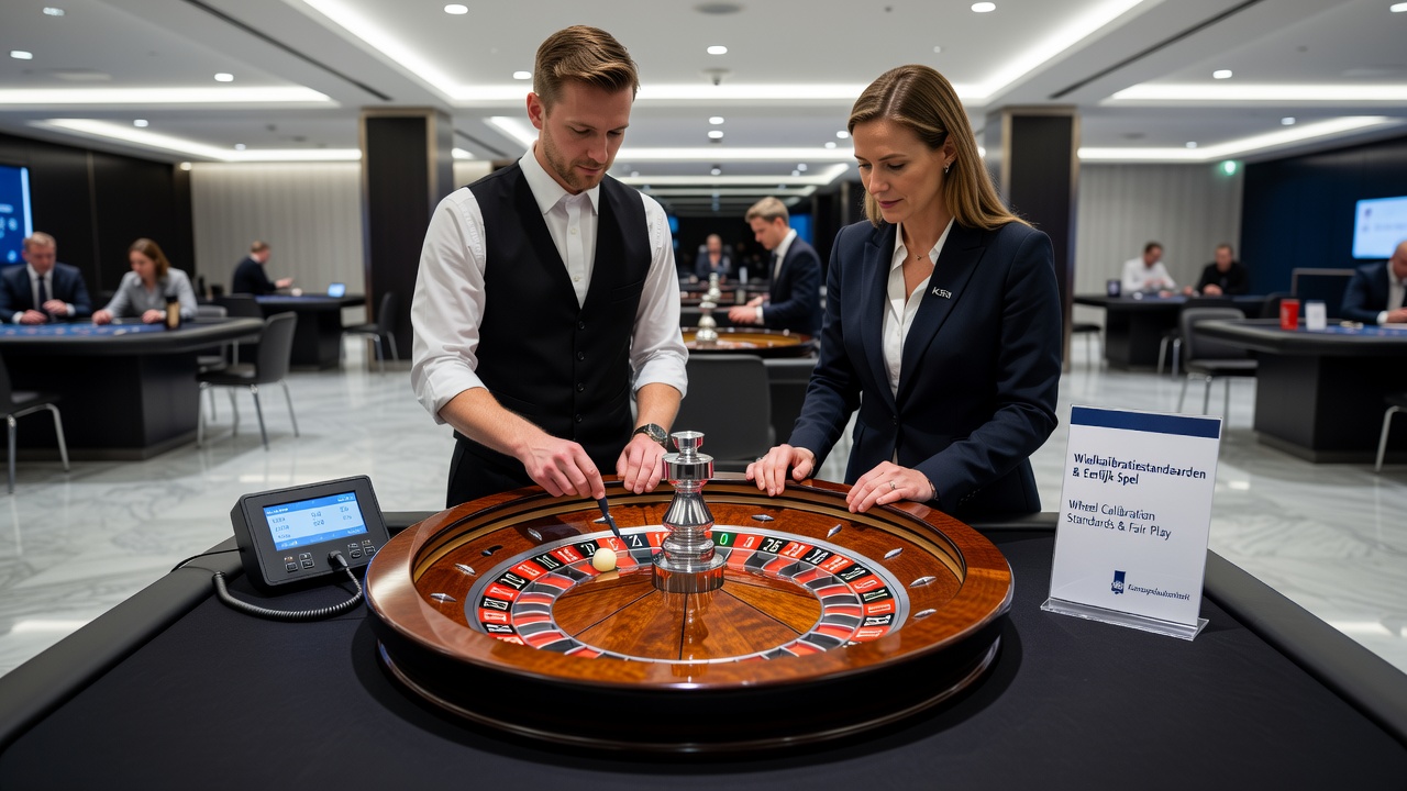 Technicus die laserapparatuur gebruikt om een roulettewiel te kalibreren in een Nederlands casino