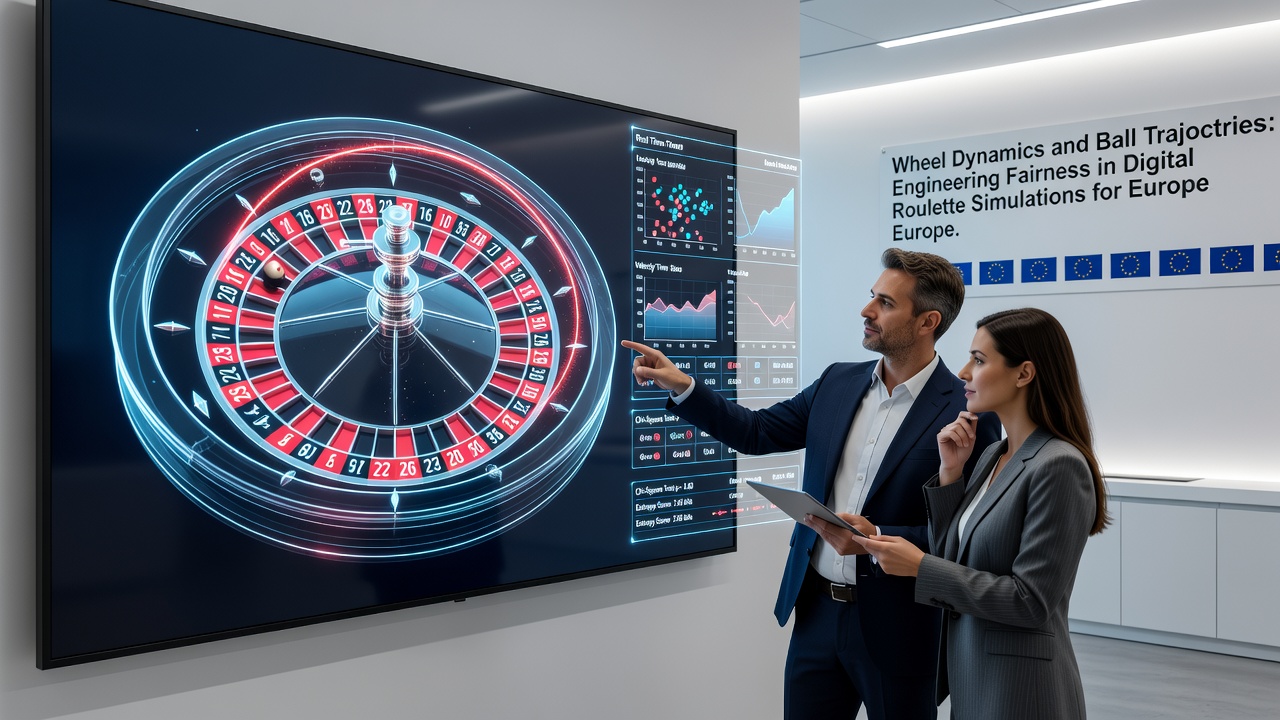 Digitale weergave van baltraject en wielrotatie in een simulatie die eerlijkheid in Europese roulette markten ondersteunt