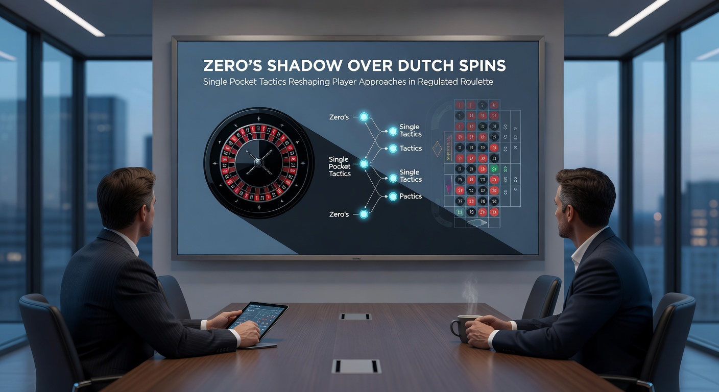 Speler aan een roulette tafel in een Nederlands casino, met chips gestapeld op de nul, terwijl de dealer draait